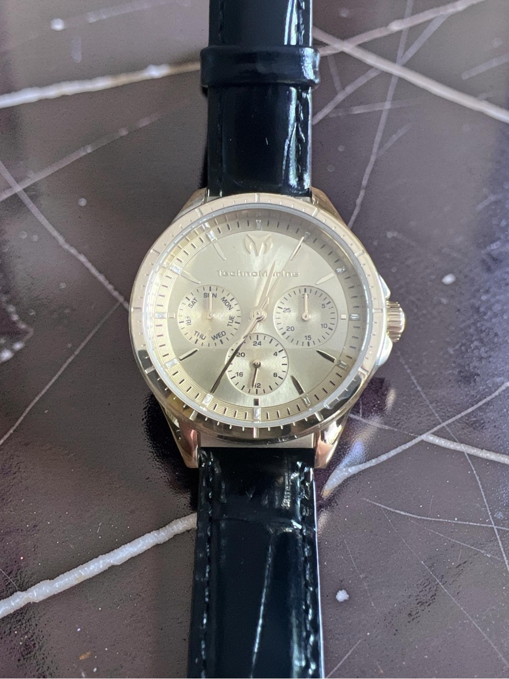 TechnoMarine MoonSun Women's Watch 36mm Gold Case Black Leather Strap TM-822060